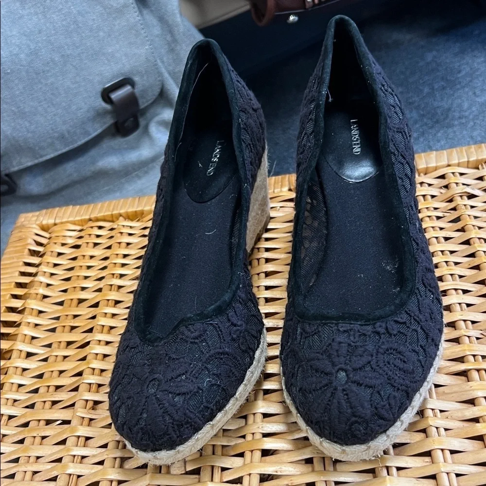 Lands End Women's Size 9 Black Lace Espadrilles Wedges Shoes